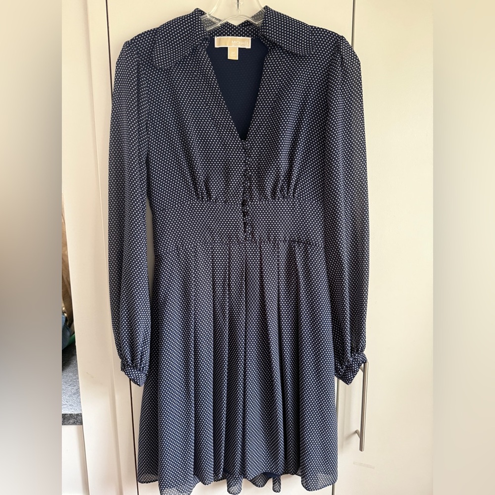 MICHAEL Michael Kors Navy White Polka Dot Georgette Shirt-Dress, 2, MSRP $189